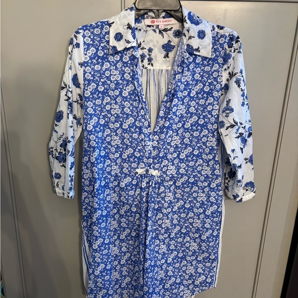 Ro's Garden Brooklyn Shirt Tunic Dress Womens Small Blue White Cotton Floral